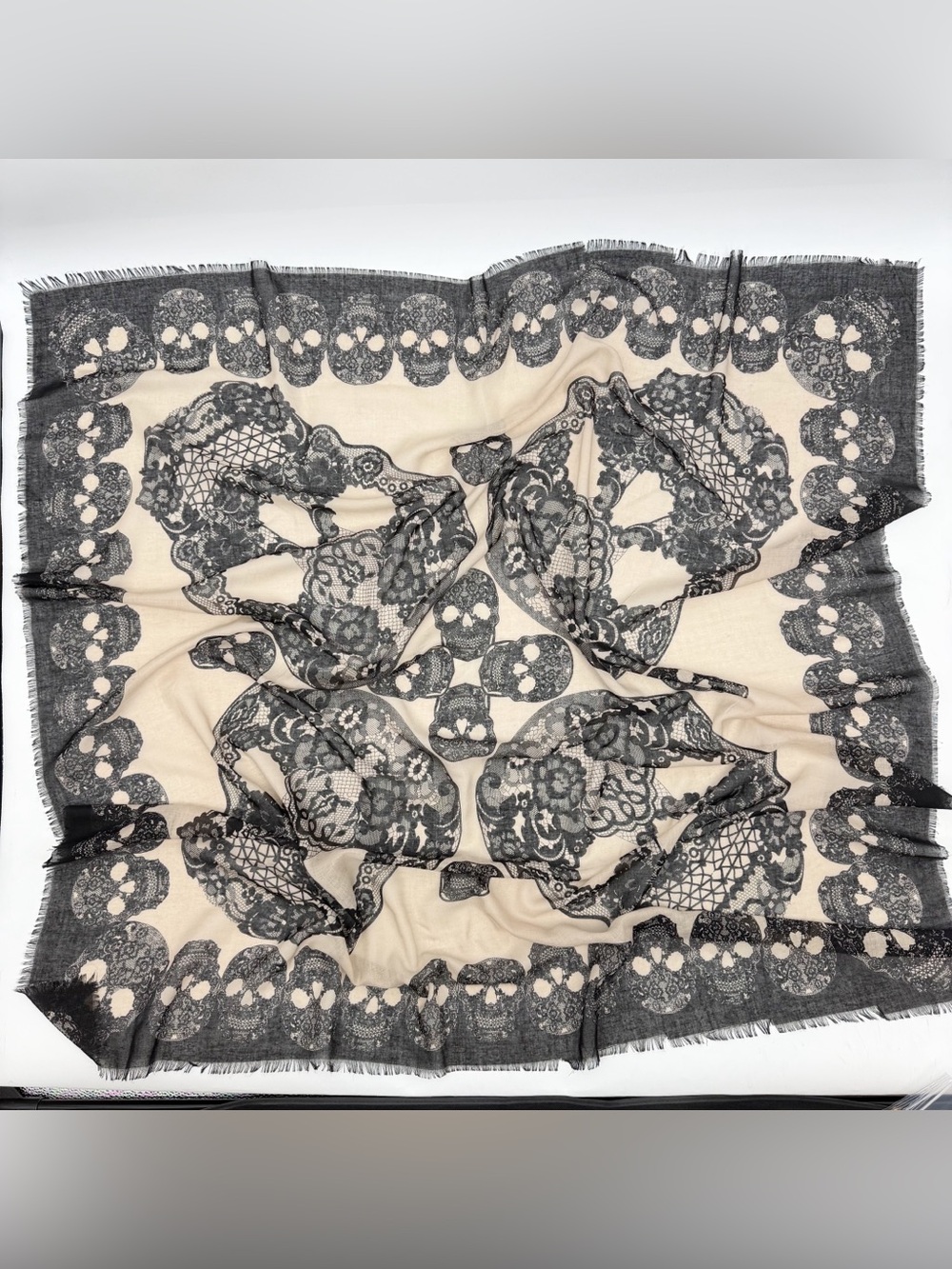 Black Beige Lace Skull Print Oversized Square Scarf Gothic - Picture 7 of 7
